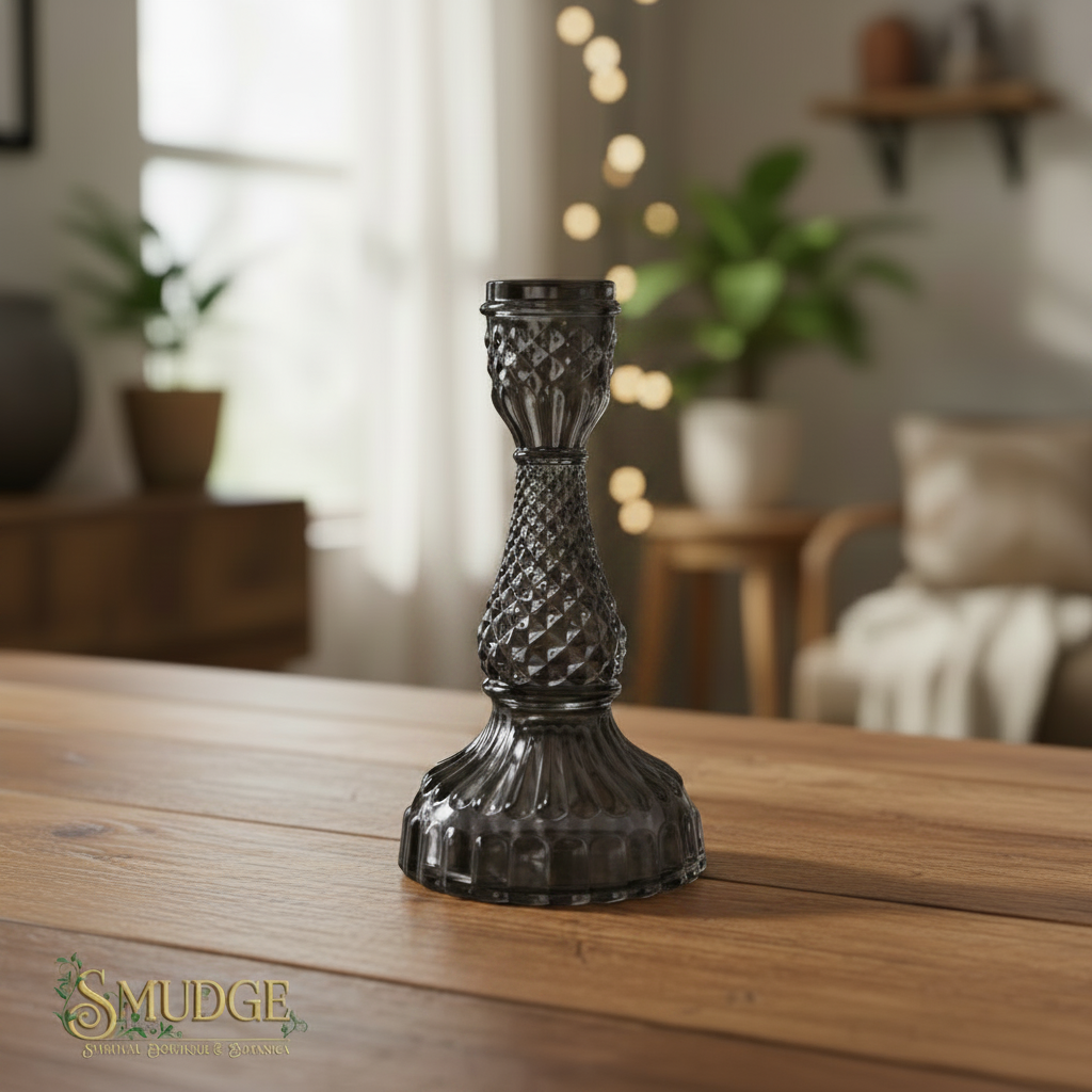 Crystal candle holder with 'Twilight Home' tag on a white background