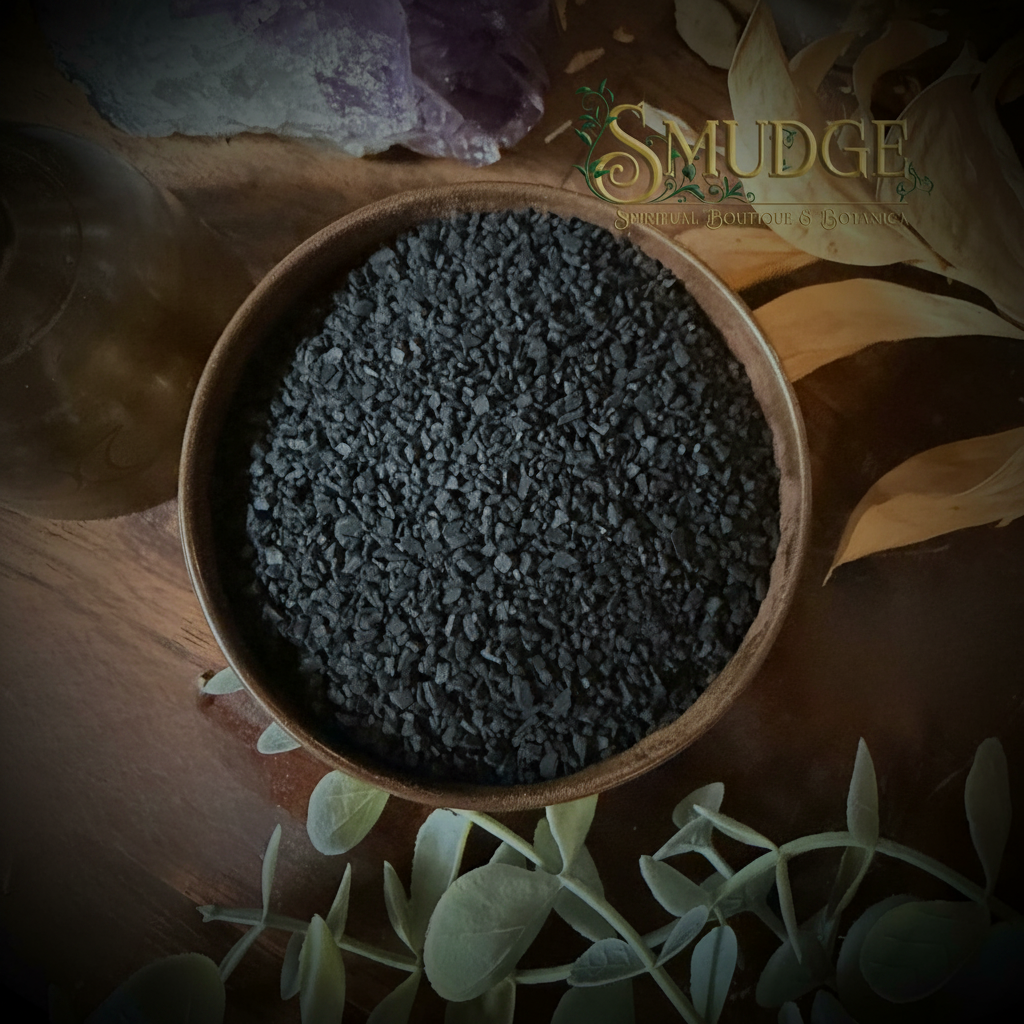 Wooden bowl with black salt in a bowl, on a wooden surface with 'Smudge' branding.