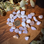 A group of smooth, polished tumbled blue lace agate stones in pale lavender and white hues, arranged on a wooden surface with a US quarter for scale. The brand name 'SMUDGE' is watermarked in the upper left, and decorative eucalyptus leaves frame the corners of the scene.