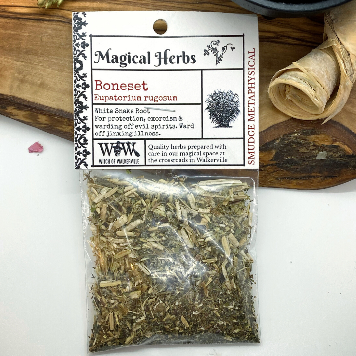 A clear plastic bag containing dried green and brown herbal material, attached to a white paper label that reads 'Magical Herbs', 'Boneset', and 'Supatorium rugosum'. The package is photographed on a white surface with rustic props including a wooden bowl, dried leaves, and a rolled parchment in the background.