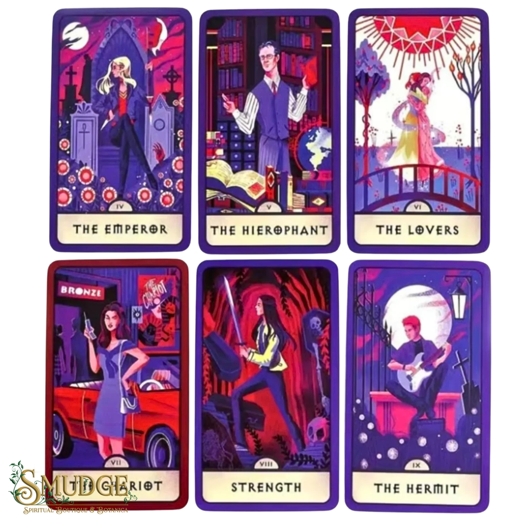 Six illustrated tarot-style cards arranged in a 2x3 grid on a white background. The cards feature purple borders and titles at the bottom: The Emperor, The Hierophant, The Lovers, The Hermit, Strength, and The Hermit.