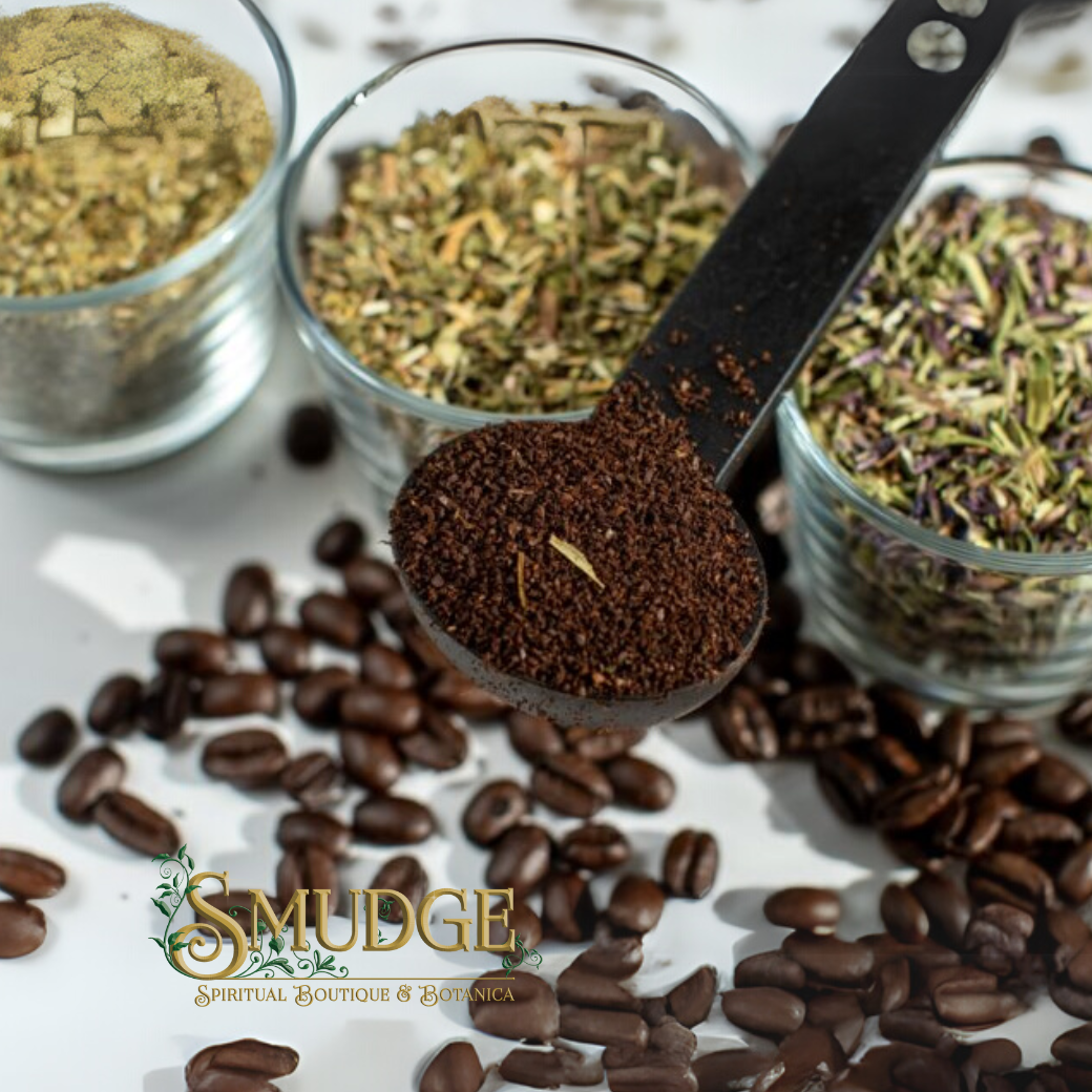 Spoonful of ground coffee with beans and jars full of herbs in the background with Smudge logo