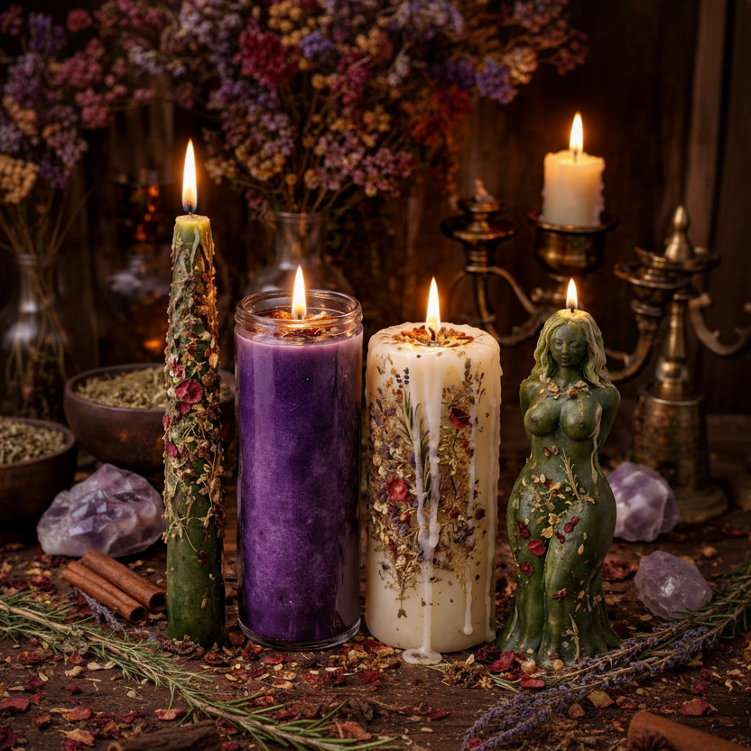 Decorative candles with floral elements and a figurine in a mystical setting.