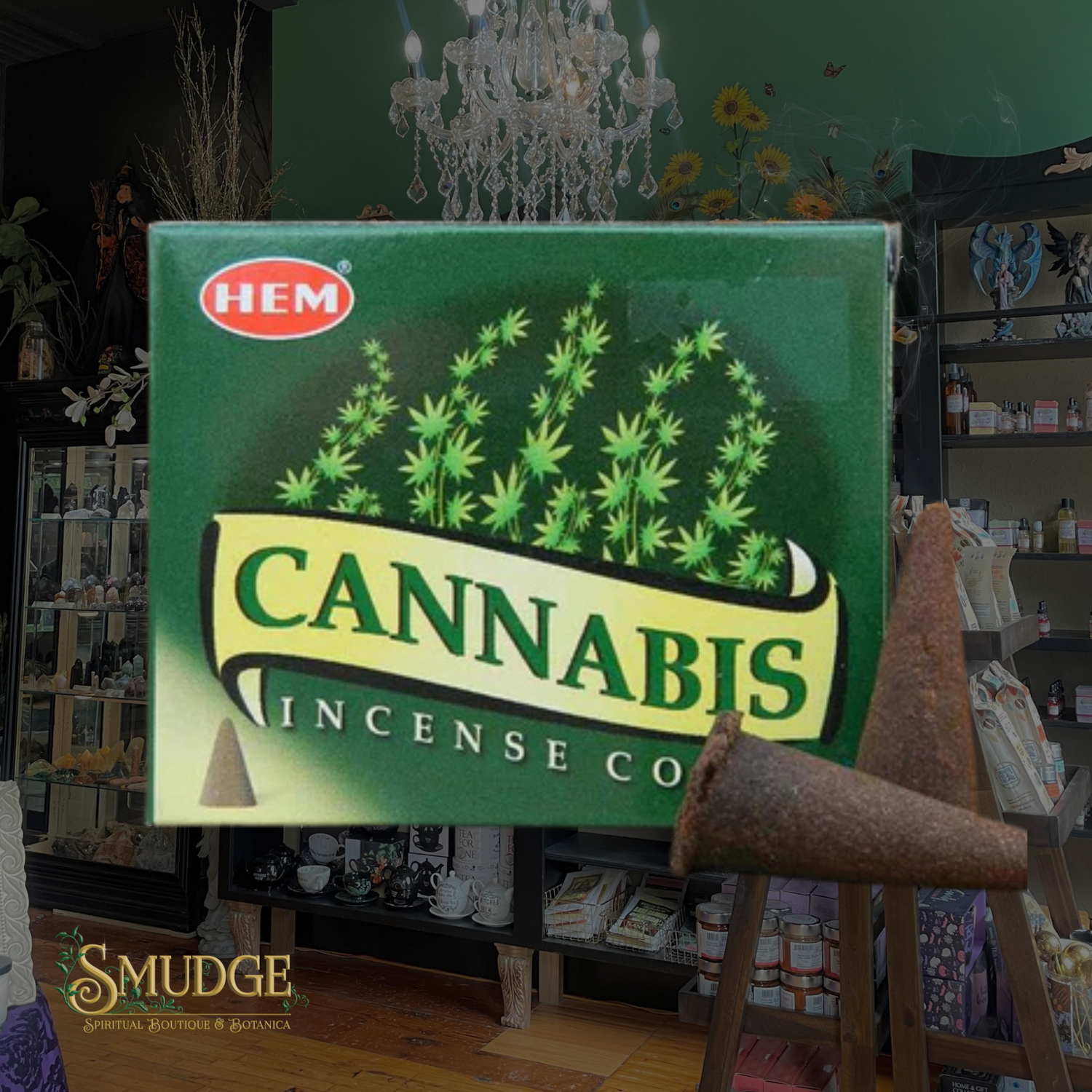 Box of HEM Cannabis Incense Co. incense with a blurred store interior in the background