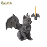 Cat Vampire candle holder turned to its side in one picture, from behind in another picture on a white background with Smudge logo on top left corner
