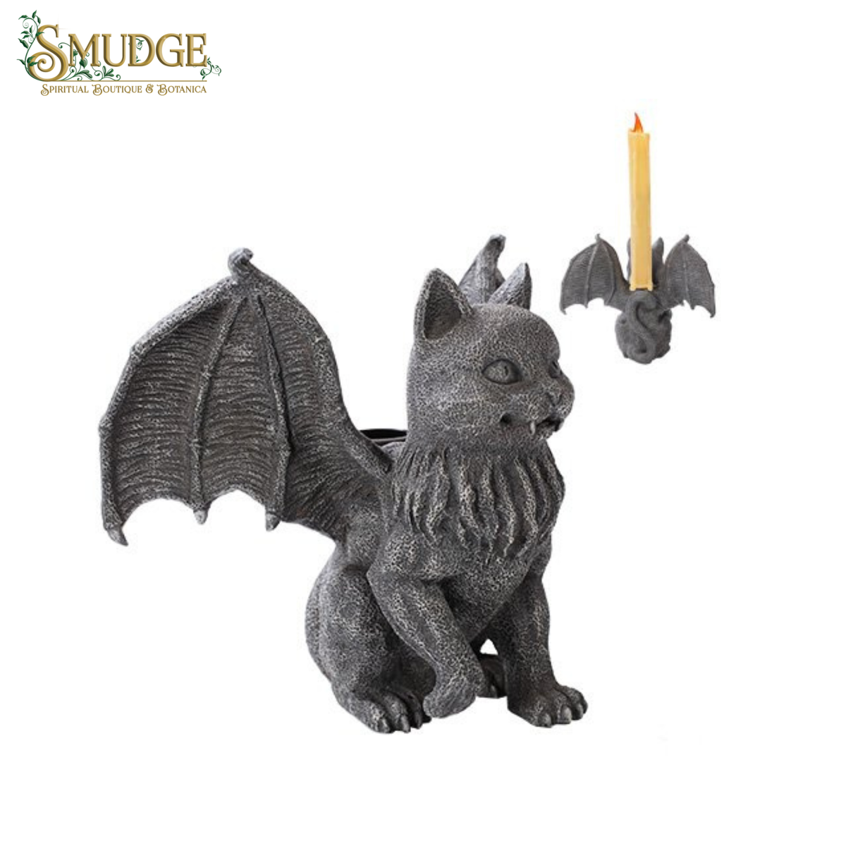 Cat Vampire candle holder turned to its side in one picture, from behind in another picture on a white background with Smudge logo on top left corner