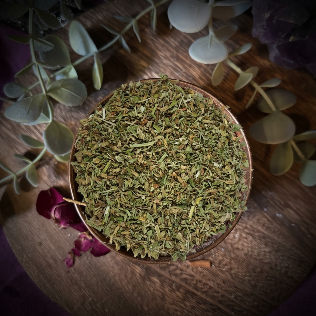 Dried herbs in a wooden container on a wooden board with eucalyptus leaves and a purple crystal.