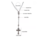 Silver rosary necklace with white beads and a religious pendant, shown with multiple measurement callouts and labels on a plain white background.