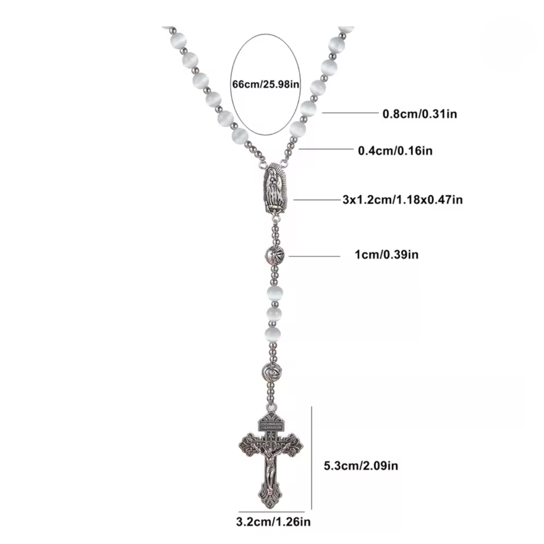 Silver rosary necklace with white beads and a religious pendant, shown with multiple measurement callouts and labels on a plain white background.