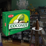 Box of HEM Coconut Incense Cones with a blurred store background