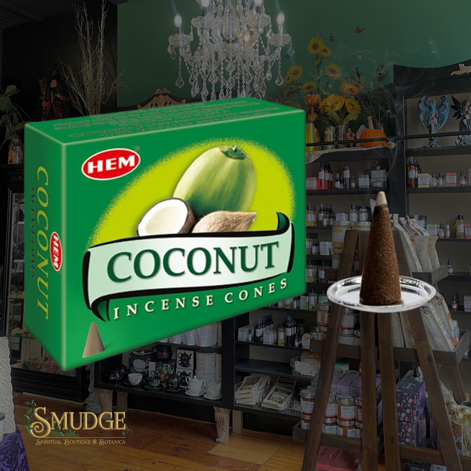 Box of HEM Coconut Incense Cones with a blurred store background