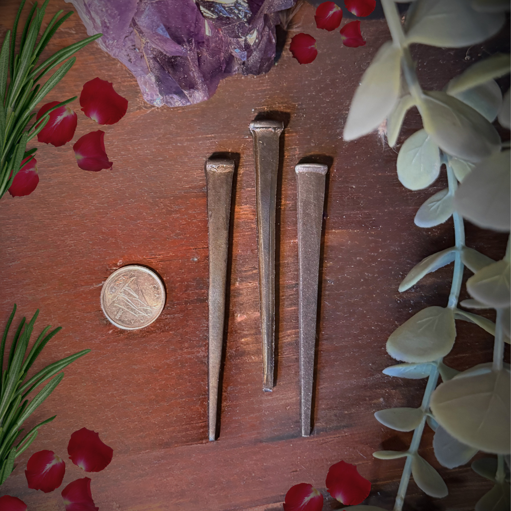 Three metallic stakes on a wooden surface with red petals and green leaves.