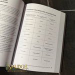 An open book showing a printed page titled 'Exploring Your Reaction to Big Emotions' with a table for coping responses, photographed on a dark surface. The page has a green 'SMUDGE' logo at the bottom.