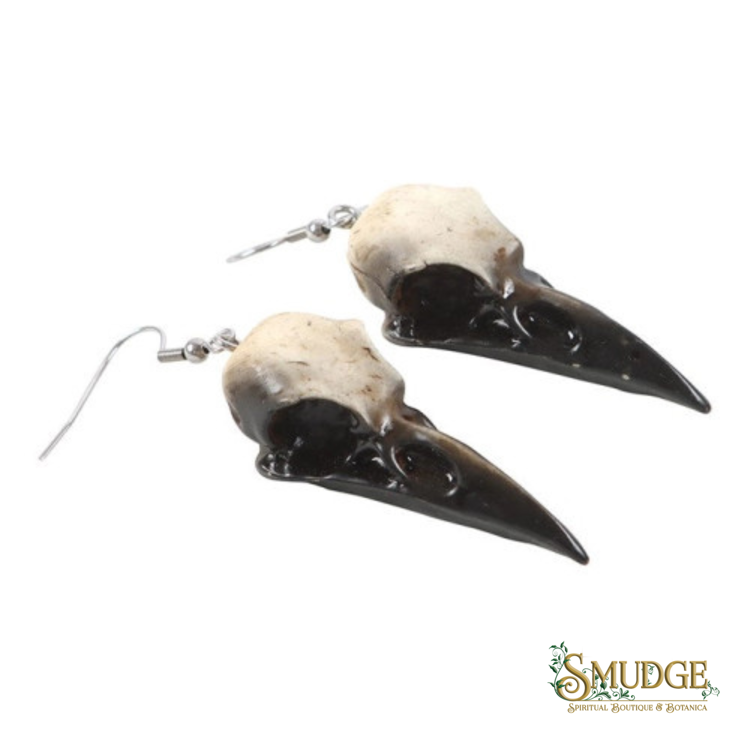Crow earrings side profile on white background with Smudge logo