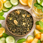Dried green tea leaves in a bowl surrounded by sliced cucumbers, oranges, and melons on a light surface.
