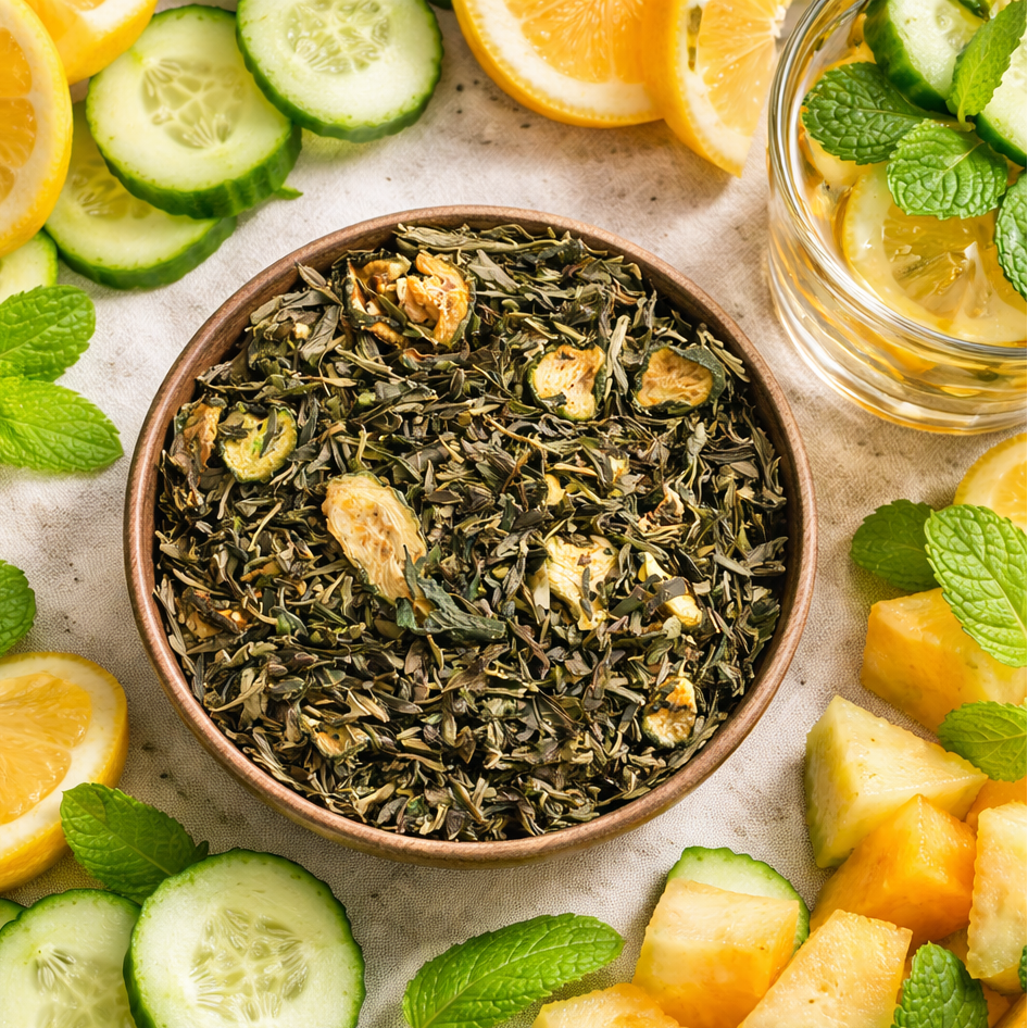 Dried green tea leaves in a bowl surrounded by sliced cucumbers, oranges, and melons on a light surface.