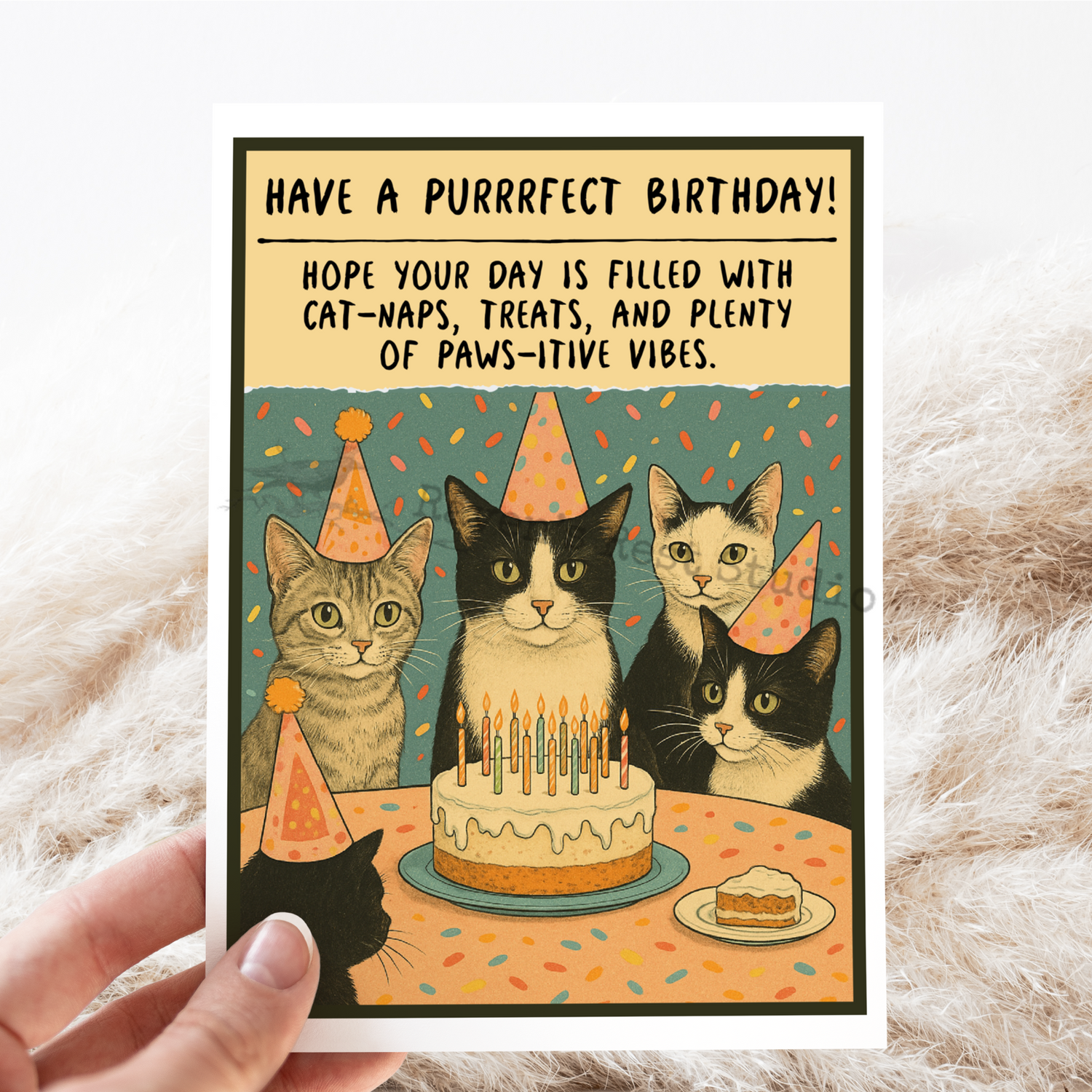 CAT Birthday Card. Vintage Cats Celebrating With Cake.