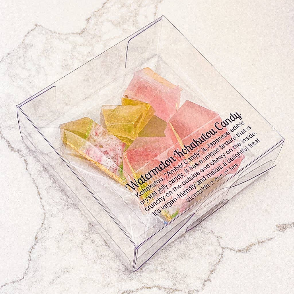 crystal candy in watermelon flavour in a clear plastic package.