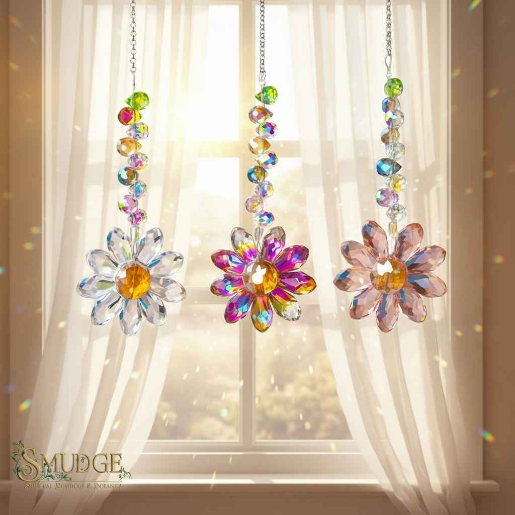 Daisy shaped suncatchers catching the light in front of a window