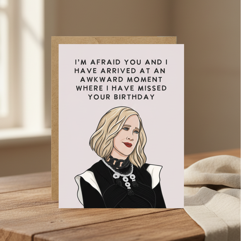 Card with illustration of a woman and humorous birthday message on a plain background