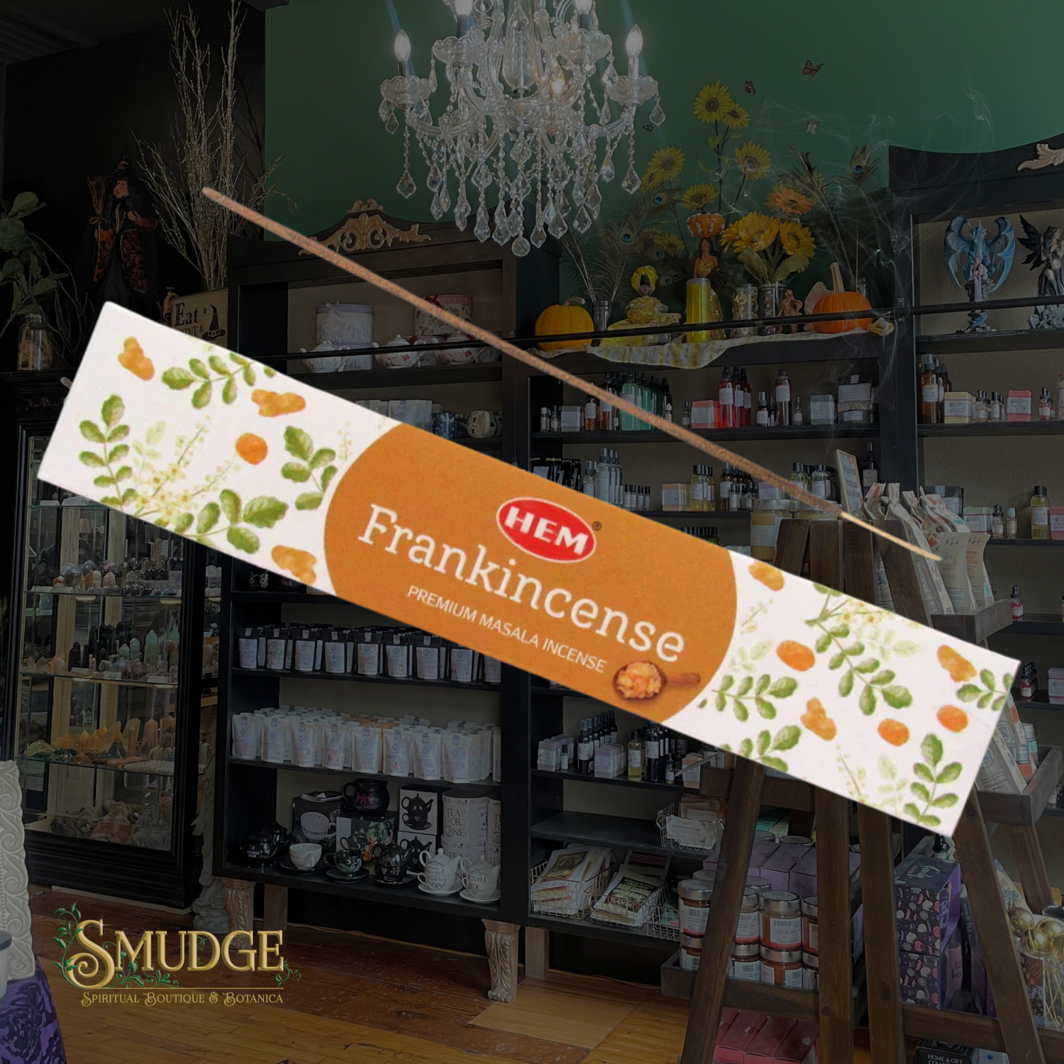 Hem Frankincense incense packaging with a store interior background