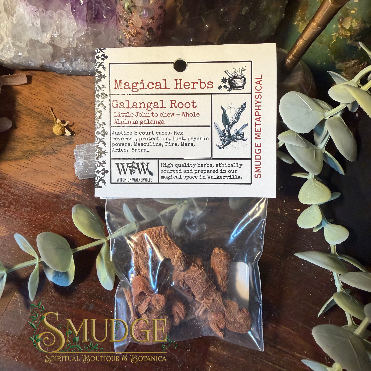 A clear plastic bag containing dried brown herbal roots sits below a white printed card labeled 'Magical Herbs' and 'Galangal Root,' surrounded by green leaves on a dark wooden surface with crystals in the background.