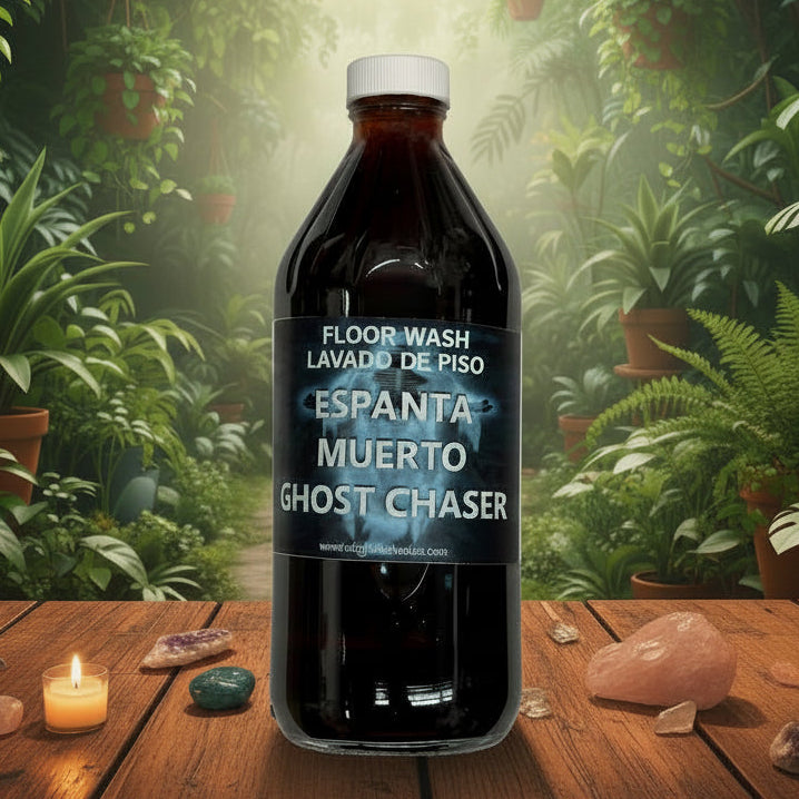 Bottle of 'Ghost Chaser' floor wash with a label on a white background