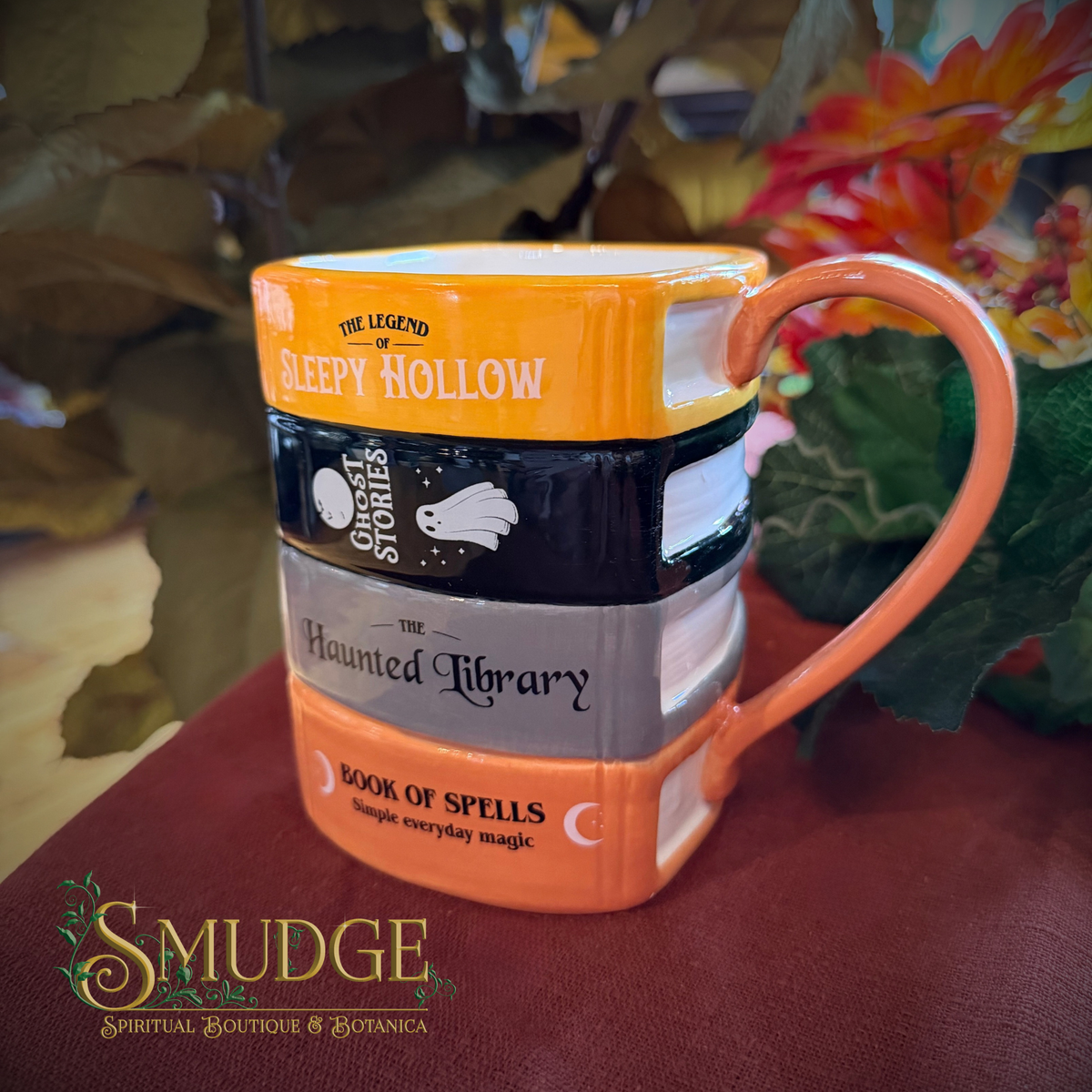 Haunted library mug on a table with a plant behind it.
