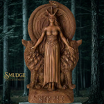 Statue of a woman with a serpent and wolf, branded 'Smudge', against a forest background.