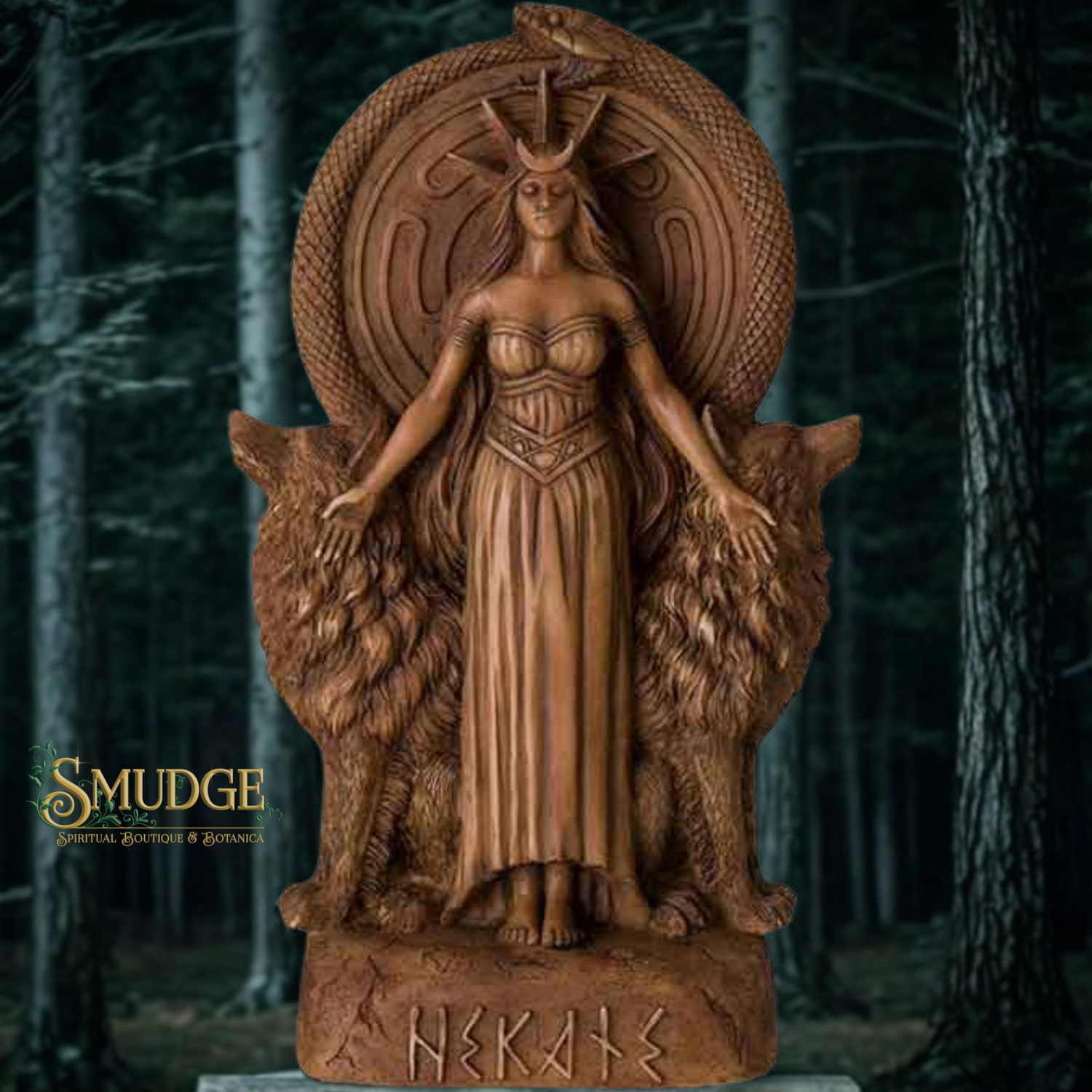 Statue of a woman with a serpent and wolf, branded 'Smudge', against a forest background.