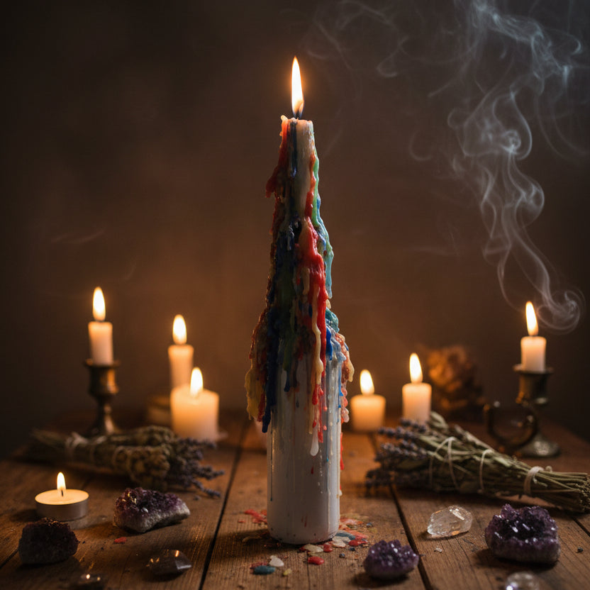 A tall, cylindrical white candle with a lit flame at the top and colorful dripping wax in red, blue, orange, yellow, and green around the sides, set against a plain light gray background.