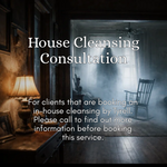 Promotional graphic for a 'House Cleansing Consultation' service by Tyrell, featuring a dark, atmospheric photo of a dimly lit room with a lamp, rocking chair, and fog. White serif text is overlaid in the center and lower portion.