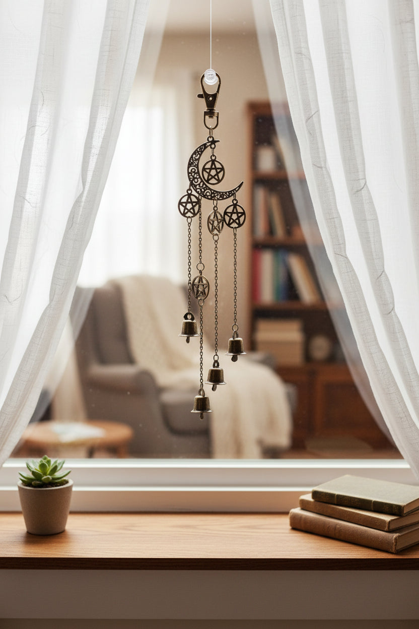 Decorative hanging charm with celestial design on a textured surface