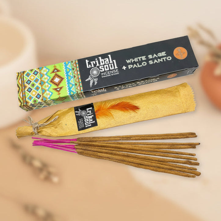 Tribal Soul White Sage and Palo Santo incense sticks with packaging on a white background