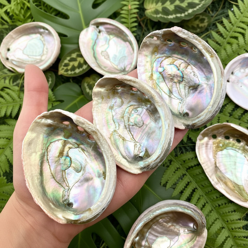 Hand holding a collection of abalone shells with a white background