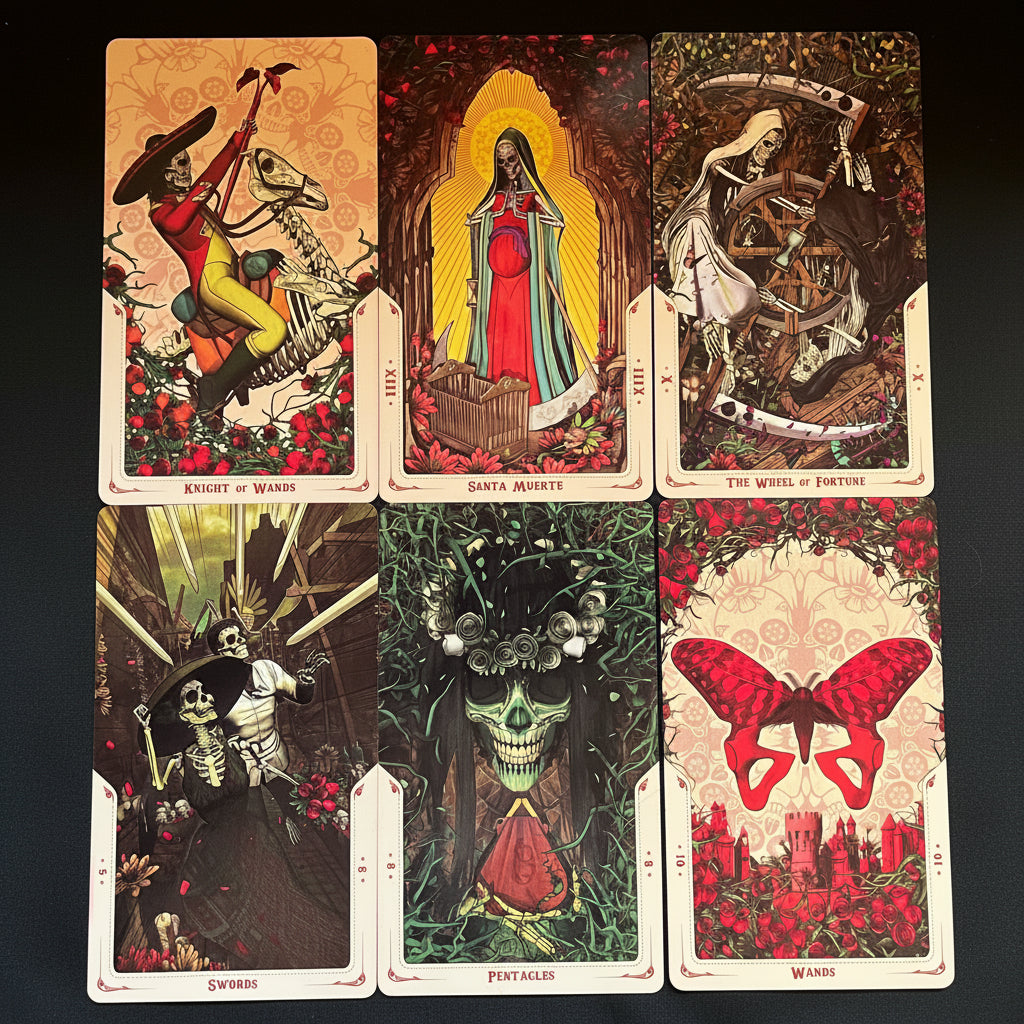 Six illustrated tarot-style cards arranged in two rows on a patterned fabric background. The cards feature Day of the Dead-inspired artwork with a rider on a horse, a robed figure in red and blue, a grim reaper with a scythe, skeletal figures, a skull in foliage, and a large red butterfly over a castle.