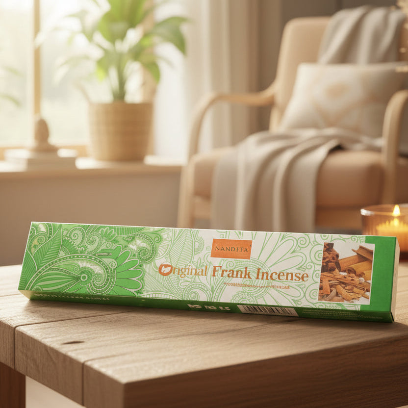 Box of Incense on a wooden surface with a tree in the background