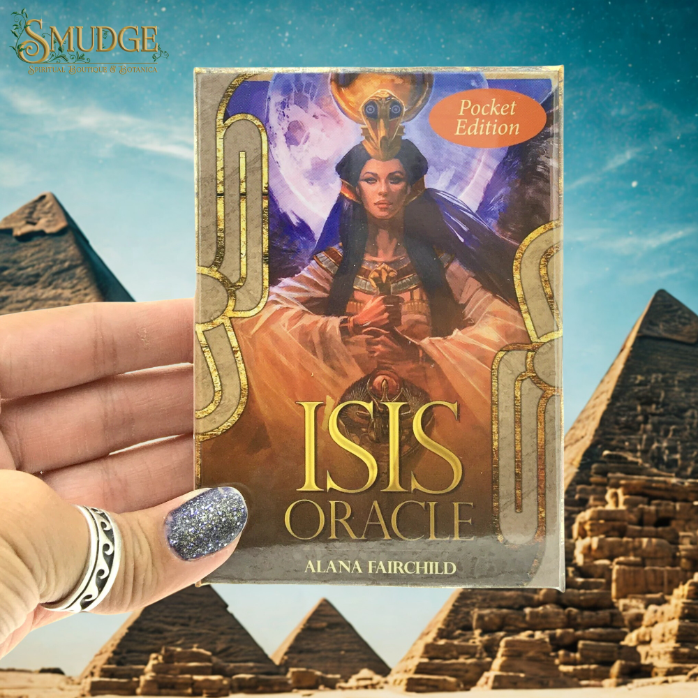 Isis Oracle card deck held in front of pyramids with 'Smudge' branding.