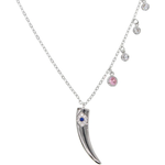 Necklace with a tusk-shaped pendant and small pink gemstones on a white background