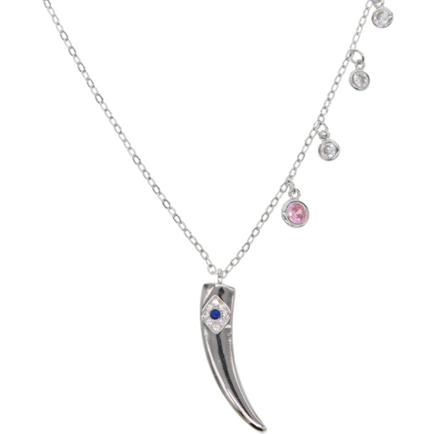 Necklace with a tusk-shaped pendant and small pink gemstones on a white background