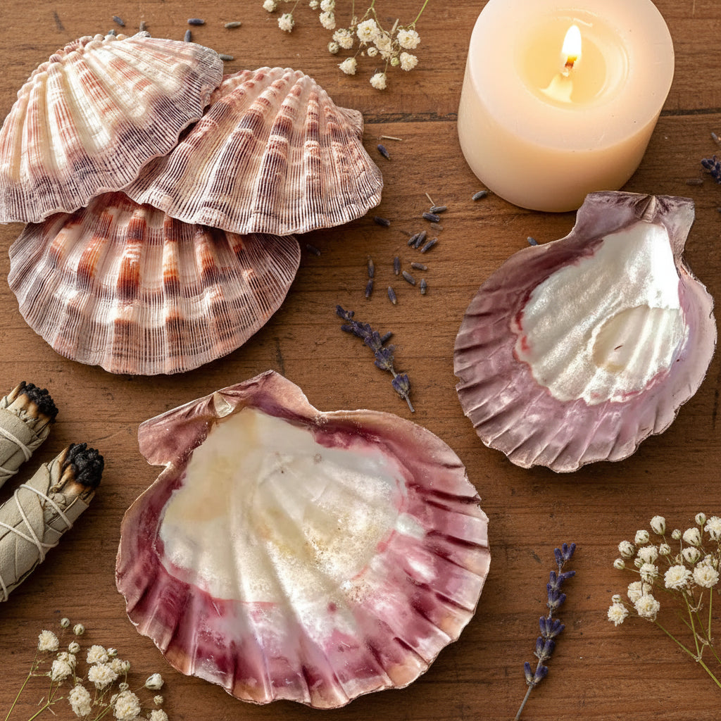 Three scallop shells on a light surface with a small plant.