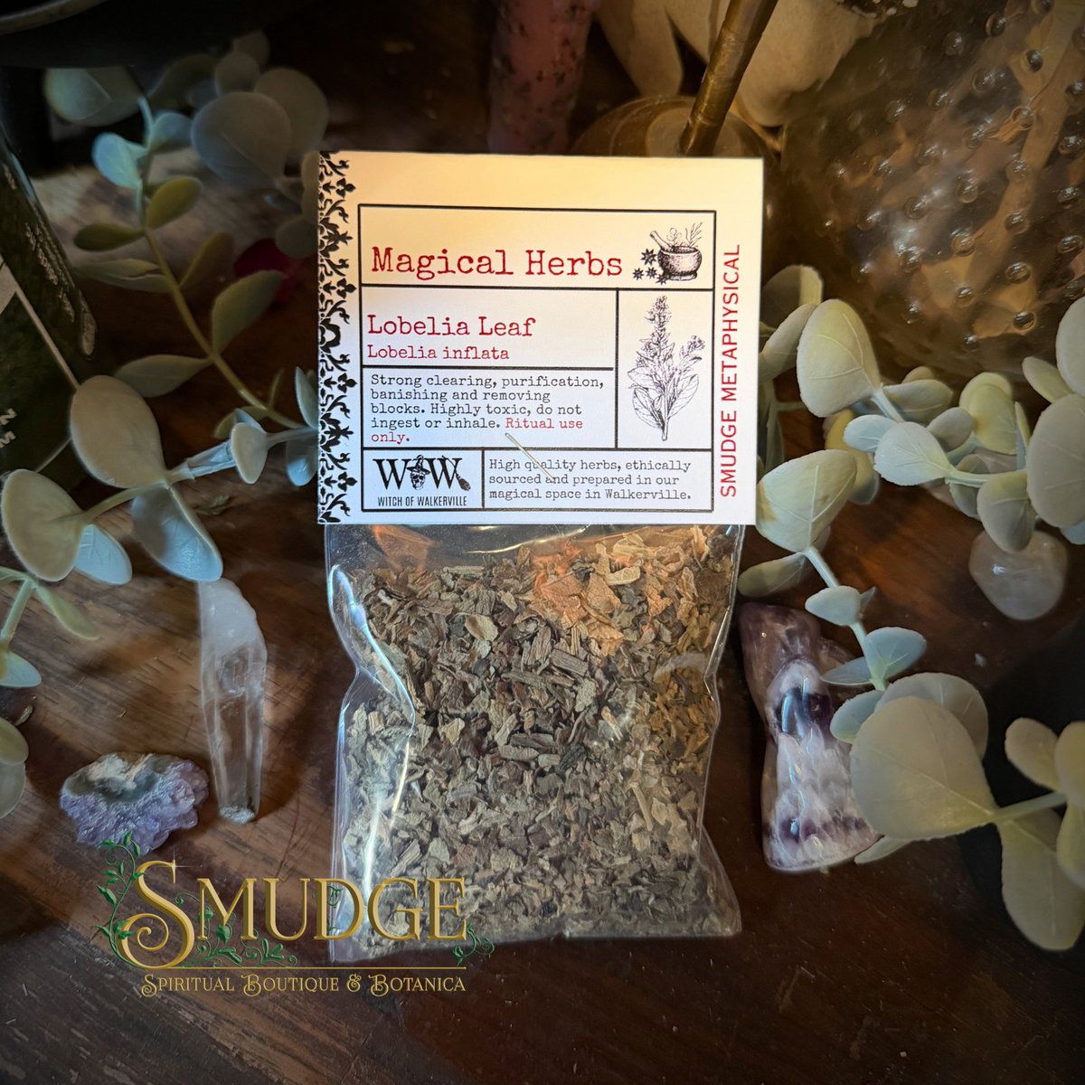 A bag of Lobelia leaf herb in a package labeled Smudge Metaphysical. 