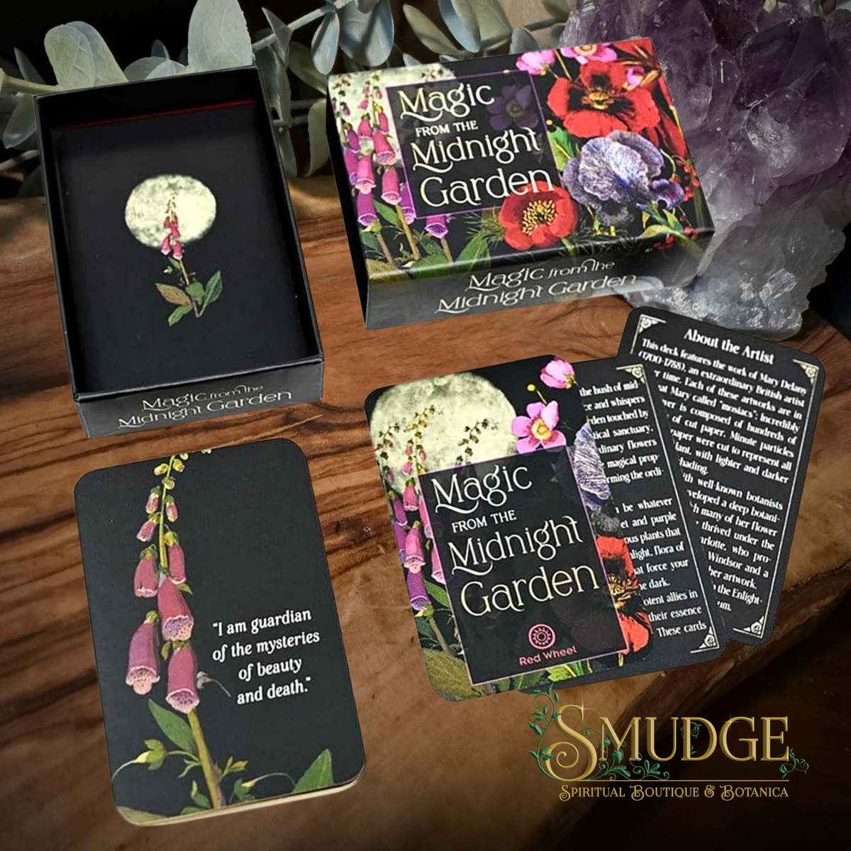 Magic from the Midnight Garden oracle deck with cards on a wooden table.