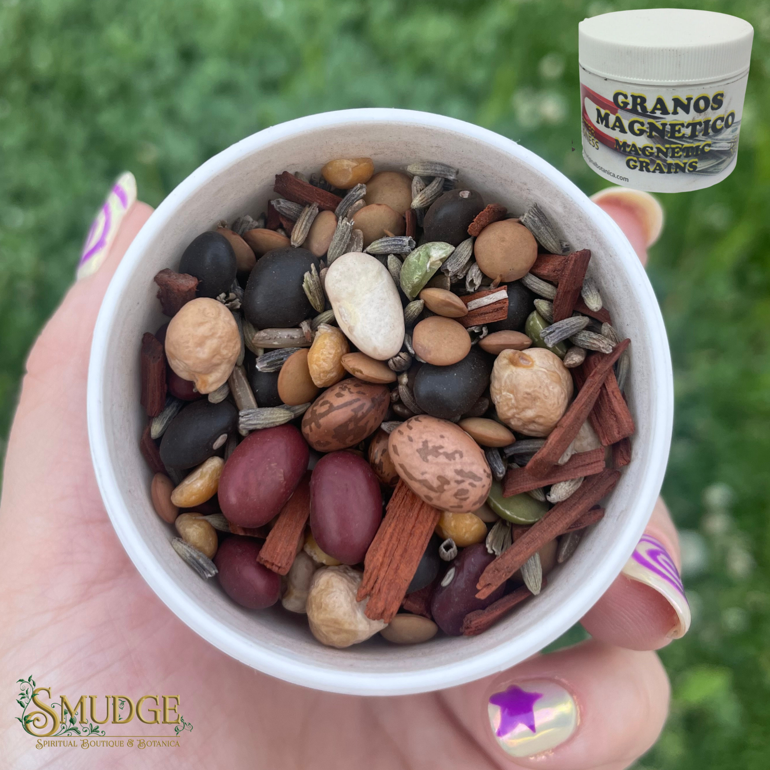 Hand holding a bowl of mixed seeds with a container labeled 'Granos Magnetico' in the background.