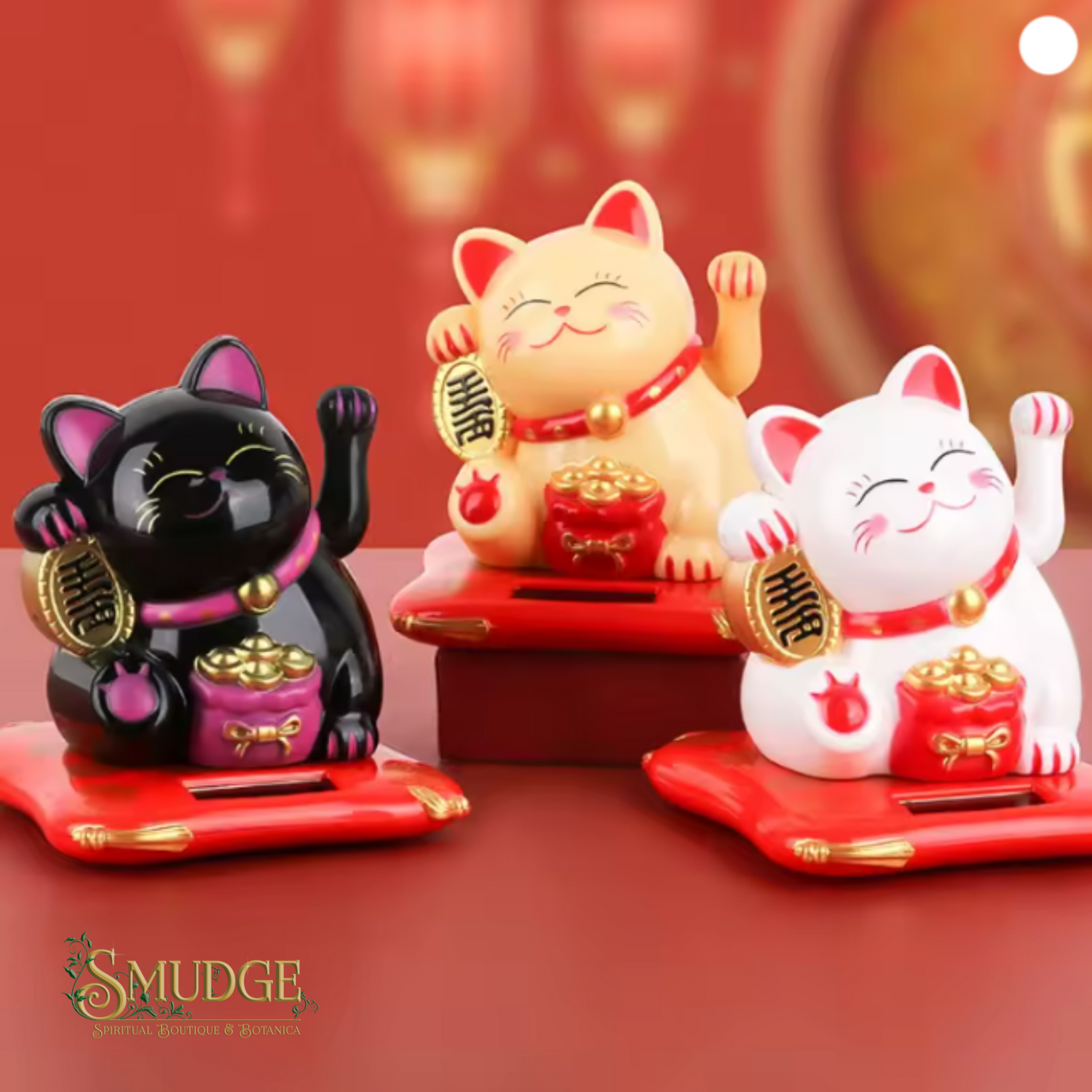 Three colorful cat figurines on a red background with 'Smudge' branding.
