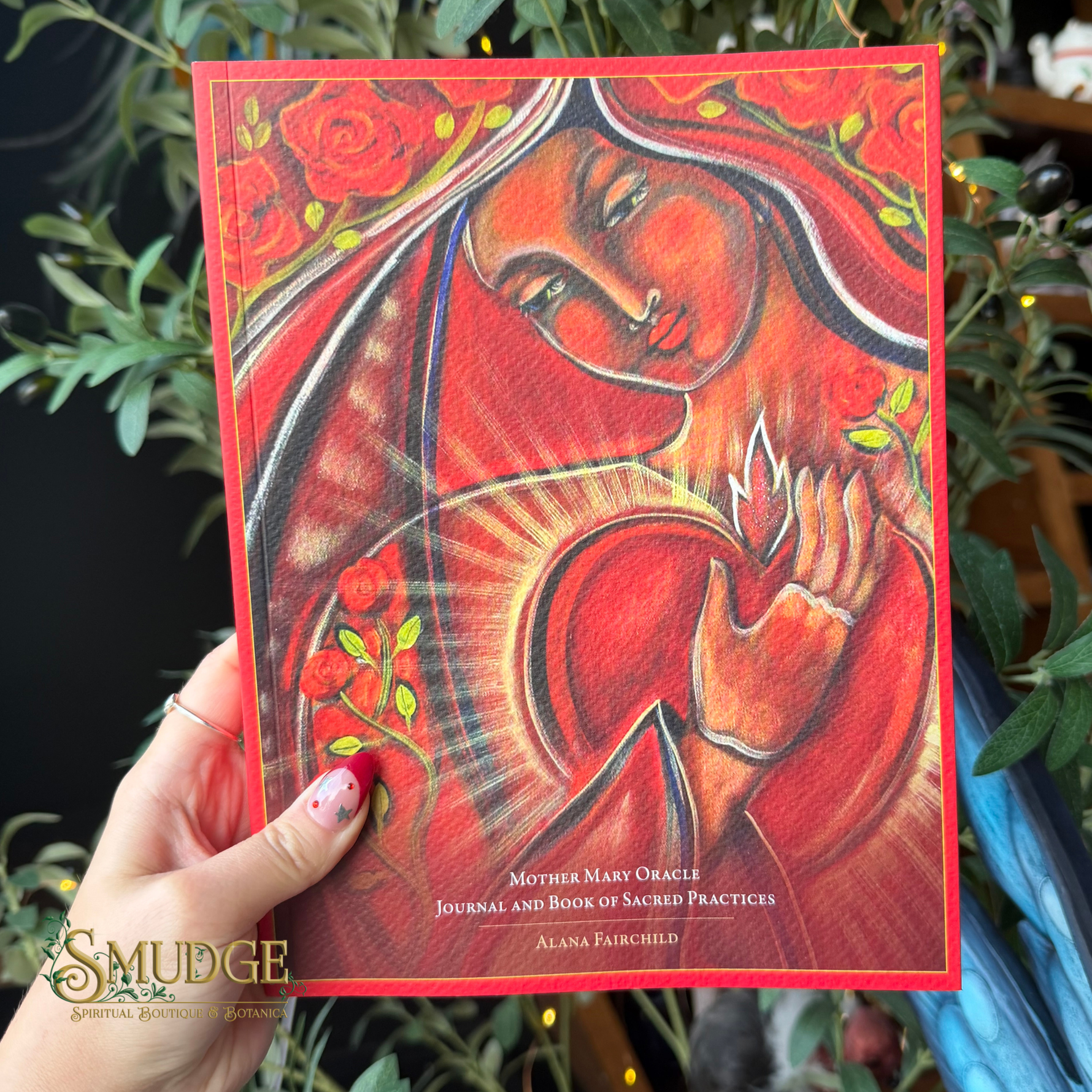 A hand holds a red-covered journal titled 'Mother Mary Oracle: Journal and Book of Sacred Practices' by Alana Fairchild. The cover features a colorful illustration of the Virgin Mary in red and orange tones with roses.