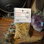 A packaged bag of mistletoe, viscum album, cut on a wooden table. 