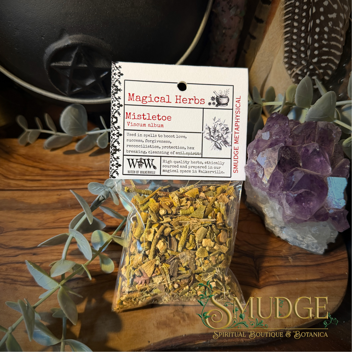 A packaged bag of mistletoe, viscum album, cut on a wooden table. 