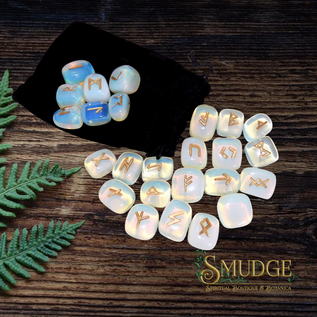 moonstone rune set with black velvet bag.