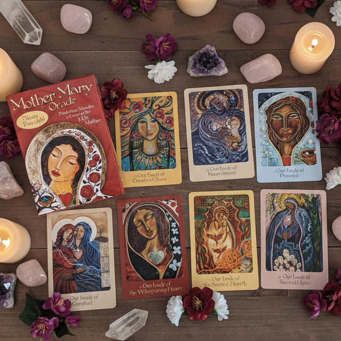 Collection of tarot cards and book titled 'Mother Mary Oracle' on a wooden surface with flowers.